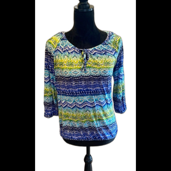 Jones New York Blouse Size XL Top Elastic Rounded Neckline Blues Green Design - Picture 1 of 9